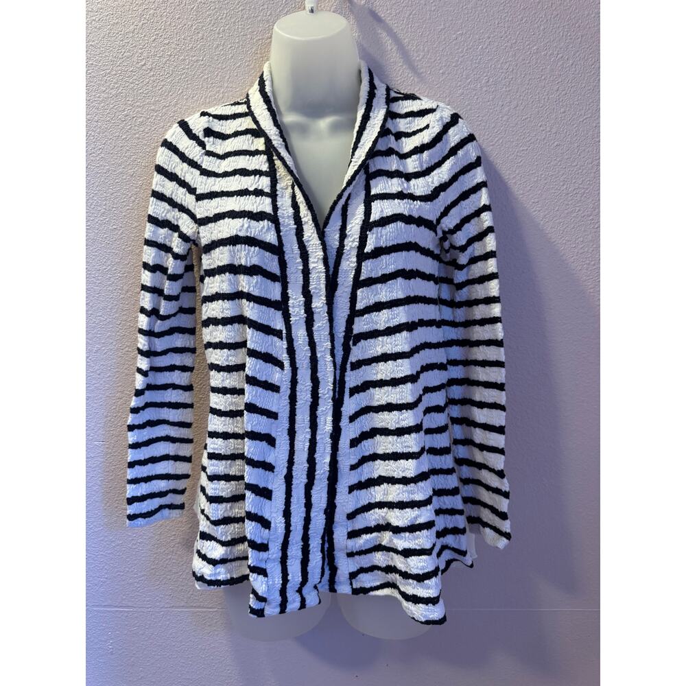 Anthropologie XS Black White Textured Open Front Cardigan Lace Hem‎ Boho
